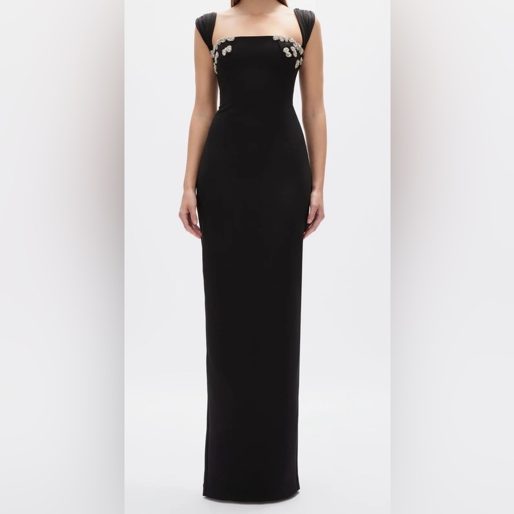 Rachel Gilbert Black Evening Column Gown with Embellished Shoulders